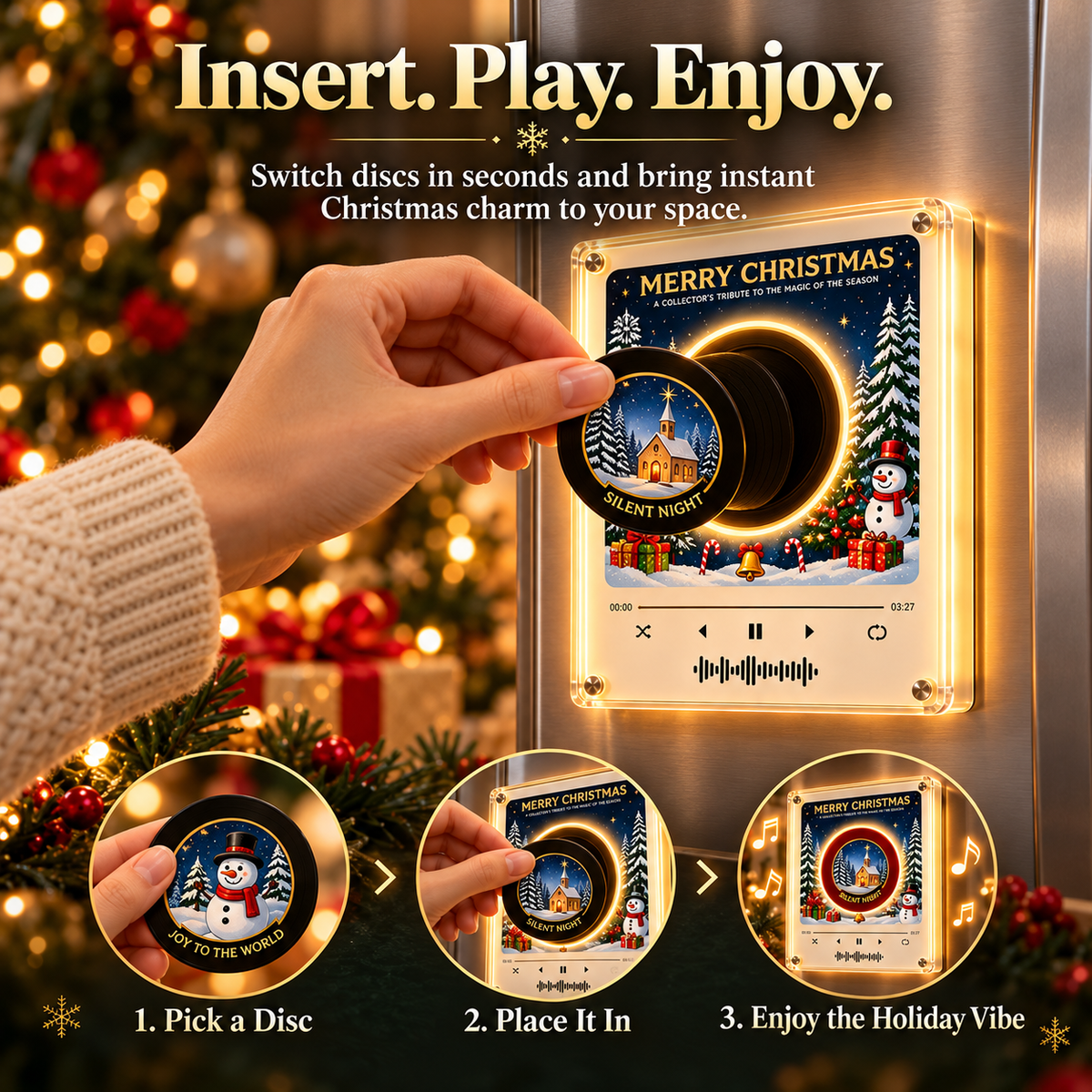 🎄🎶 Christmas Mini Vinyl Record Player Fridge Magnet ✨🎅 Light-Up Musical Christmas Decor 🎁❄️ Interchangeable Holiday Song Discs