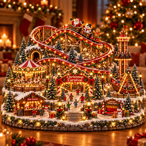🔥Last Day 50%🎢 Magical Christmas Carnival Village – Animated Roller Coaster & Lighted Holiday Decor