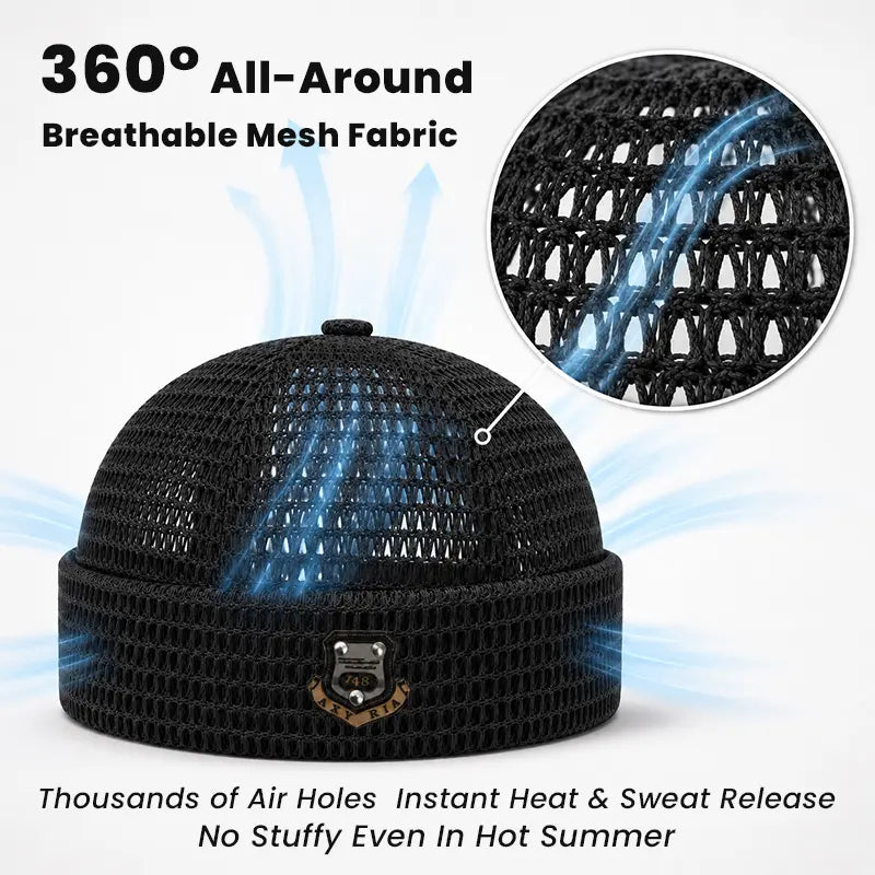 Close view of breathable open mesh knit beanie construction