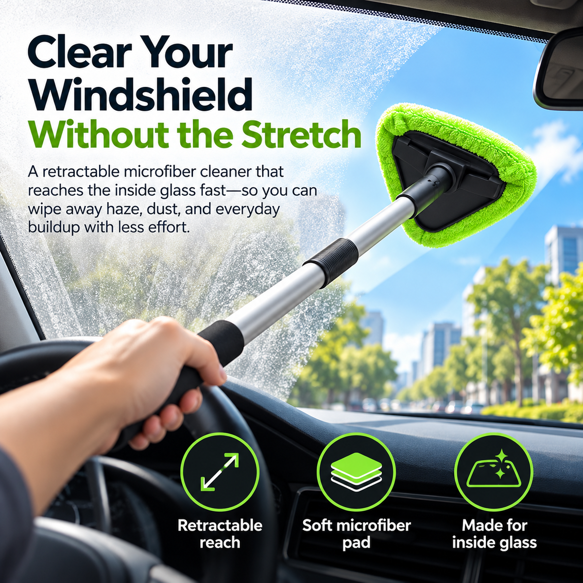 🚗✨Extendable Windshield Cleaning Tool Set – Reach-Anywhere Interior Glass Cleaner with Washable Microfiber Pads