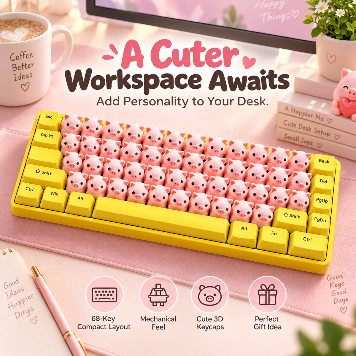 ⌨️68-Key 3D Animal Mechanical Keyboard – Pink Pig & Gray Critter