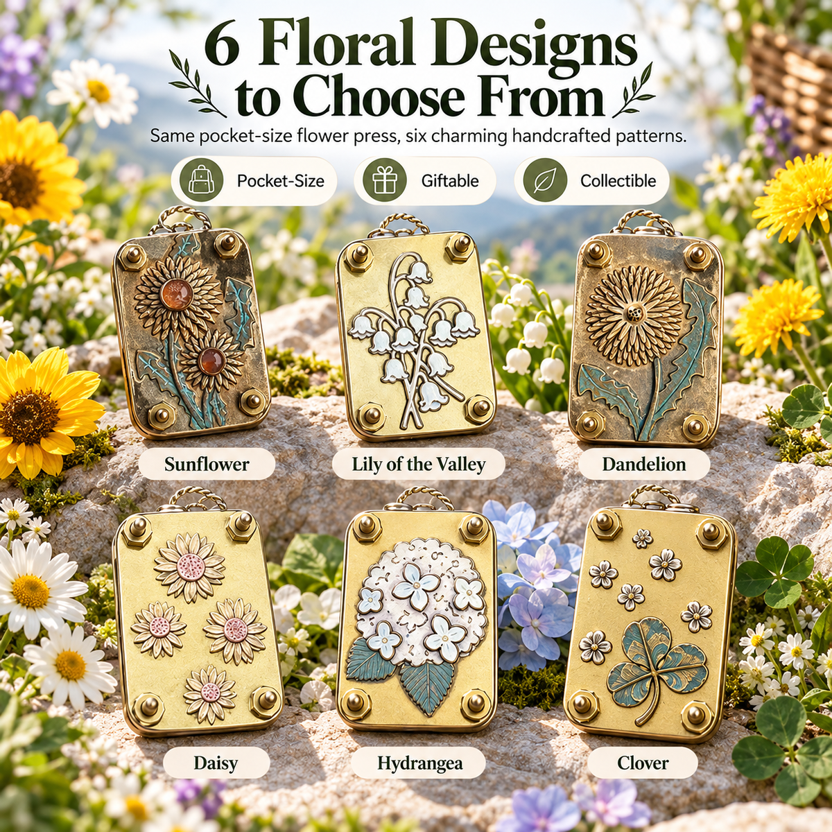 Six floral mini flower press designs including sunflower lily of the valley dandelion daisy hydrangea and clover