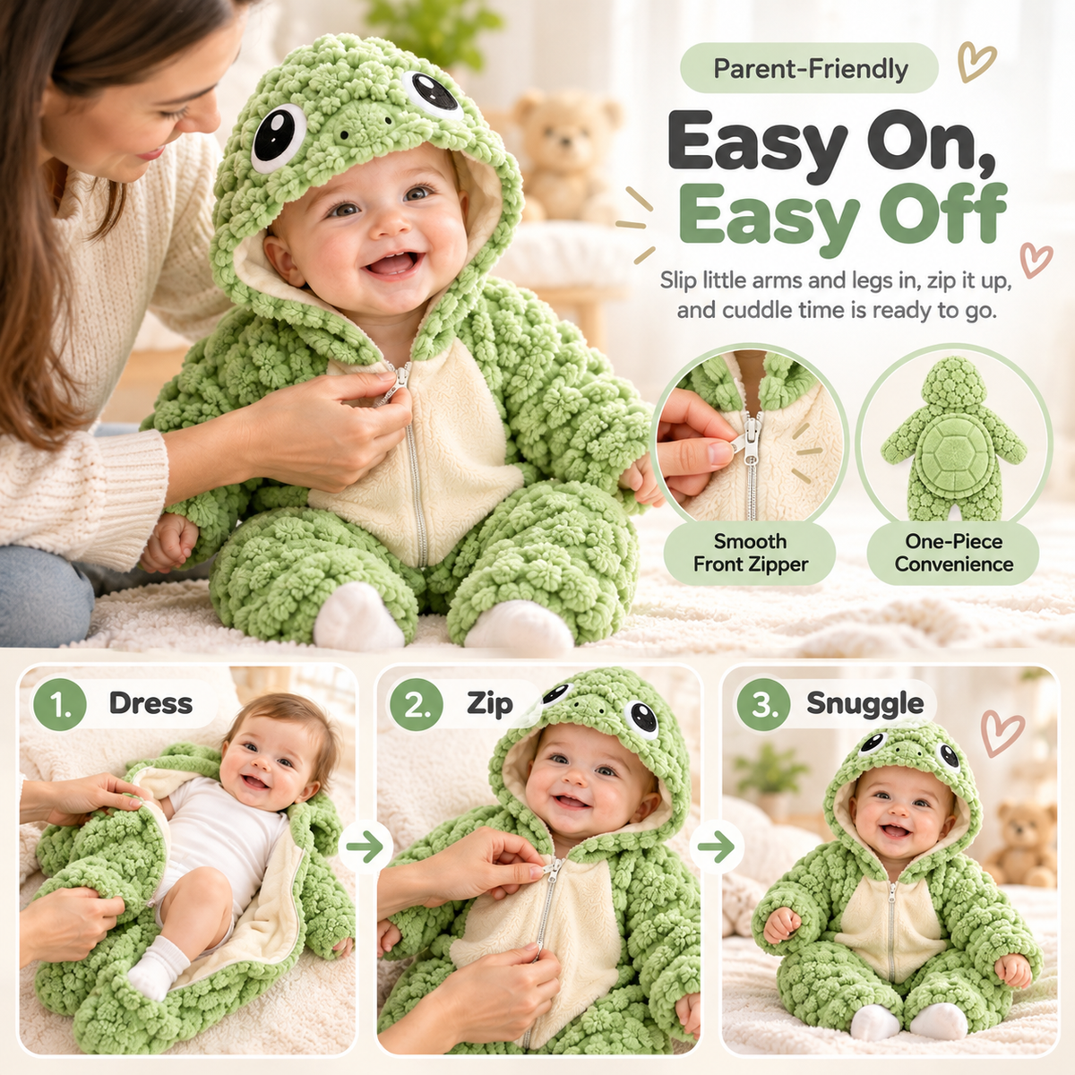 Parent dressing baby in plush turtle romper using easy front zipper