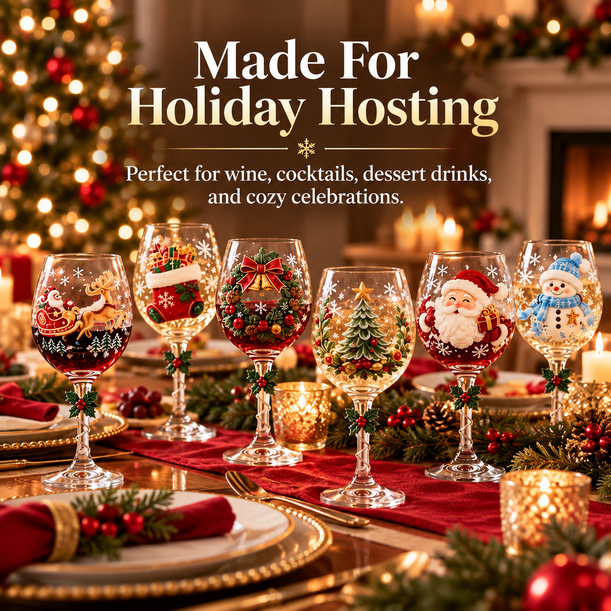🎄🍷✨ 6-Piece Christmas Wine Glass Set 🎅❄️🎁 Festive Holiday Designs, Decorative Twisted Stems & Elegant Gift Box ❤️🥂🌟