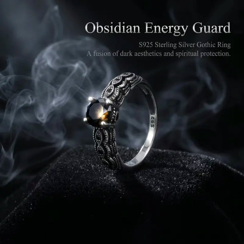 Sterling Silver Vintage Black Synthetic Obsidian Ring