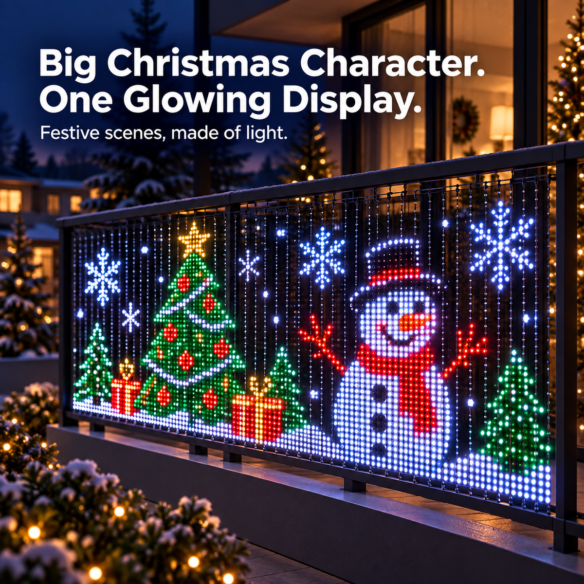 Snowman Christmas tree and holiday pixel lighting scene