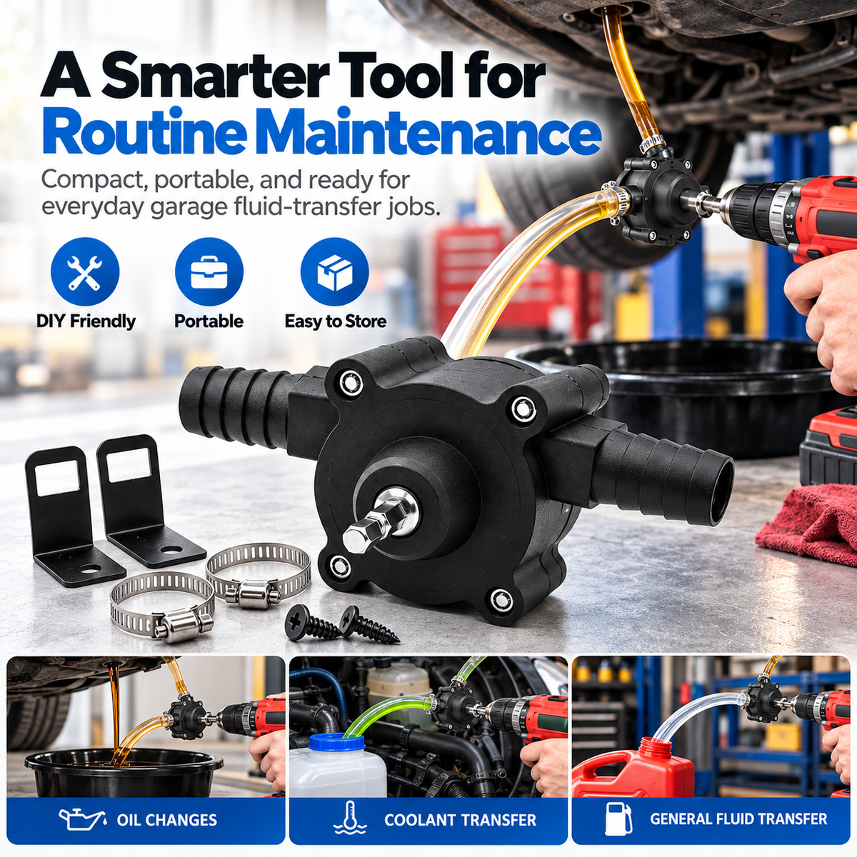 Compact black drill-powered transfer pump shown in automotive maintenance environments