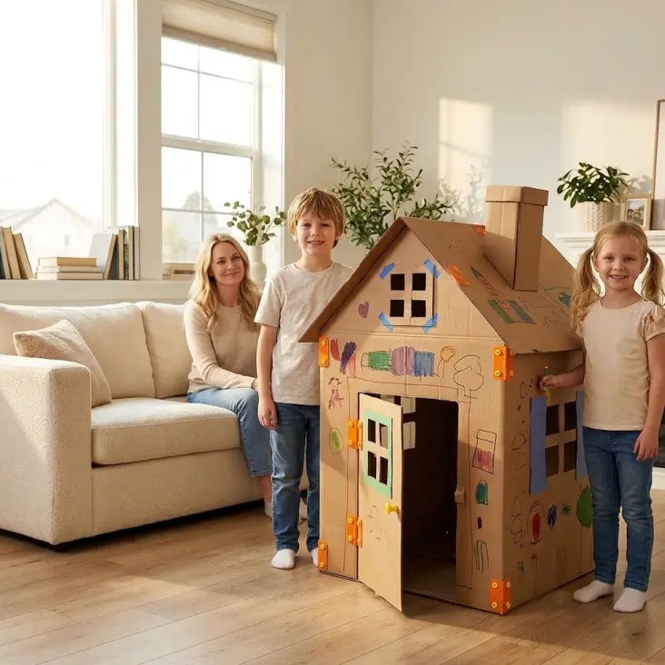 Two smiling children standing next to their large decorated DIY cardboard playhouse inside family living room