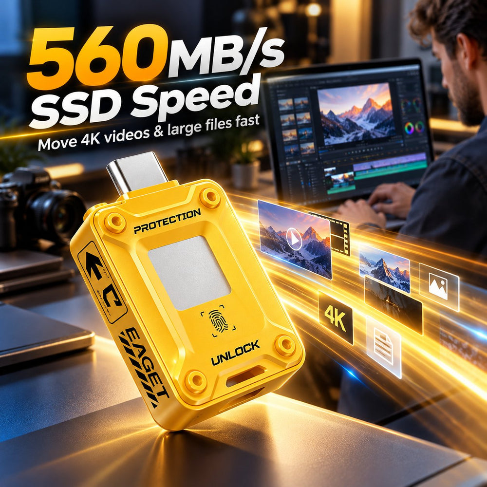 EAGET FU80 yellow portable SSD drive illustrated in a digital video editing workspace