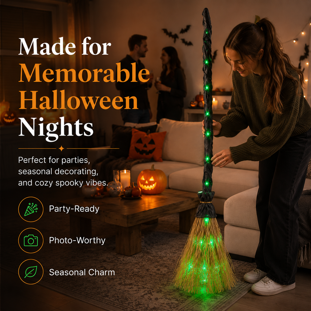 Light-Up Witch Broom Halloween Decor – Spooky Green LED Witch Broom