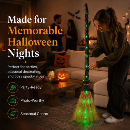 Light-Up Witch Broom Halloween Decor – Spooky Green LED Witch Broom