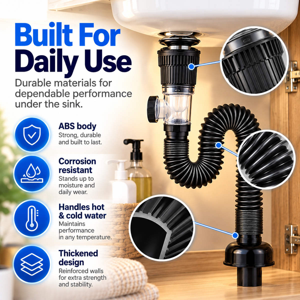ABS construction and reinforced corrugated wall details of flexible sink drain kit