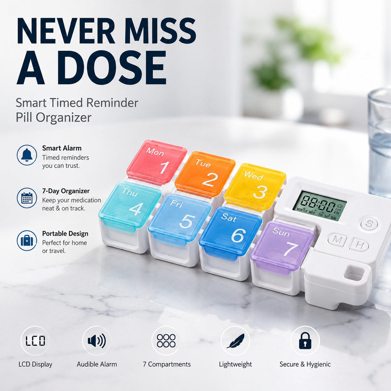 💊Smart Timed Reminder Pill Organizer | 7-Day Medication Alarm Box