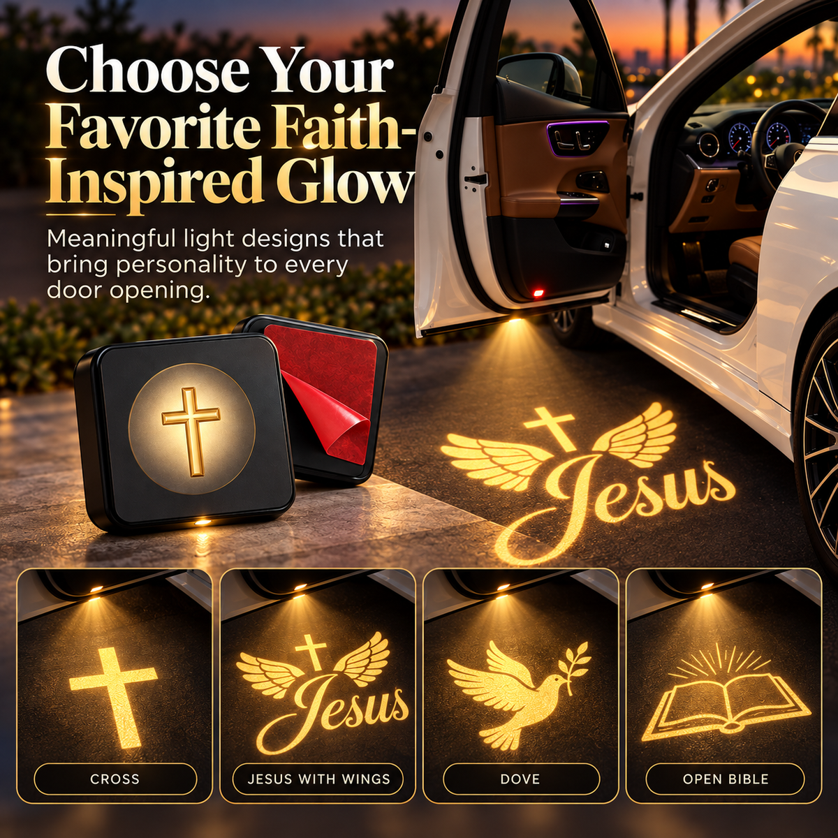 Four Christian car door projector design choices showing a cross, Jesus with wings, a dove and an open Bible