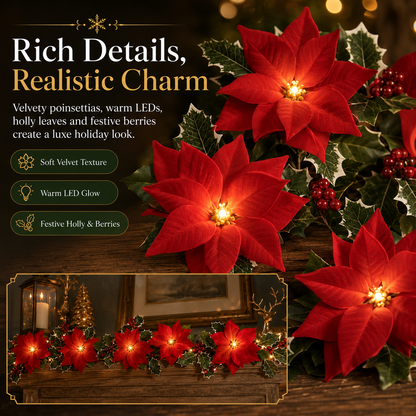 Lighted Christmas Poinsettia Garland with 10 or 20 Warm LEDs – Battery Powered Holiday Floral Decor