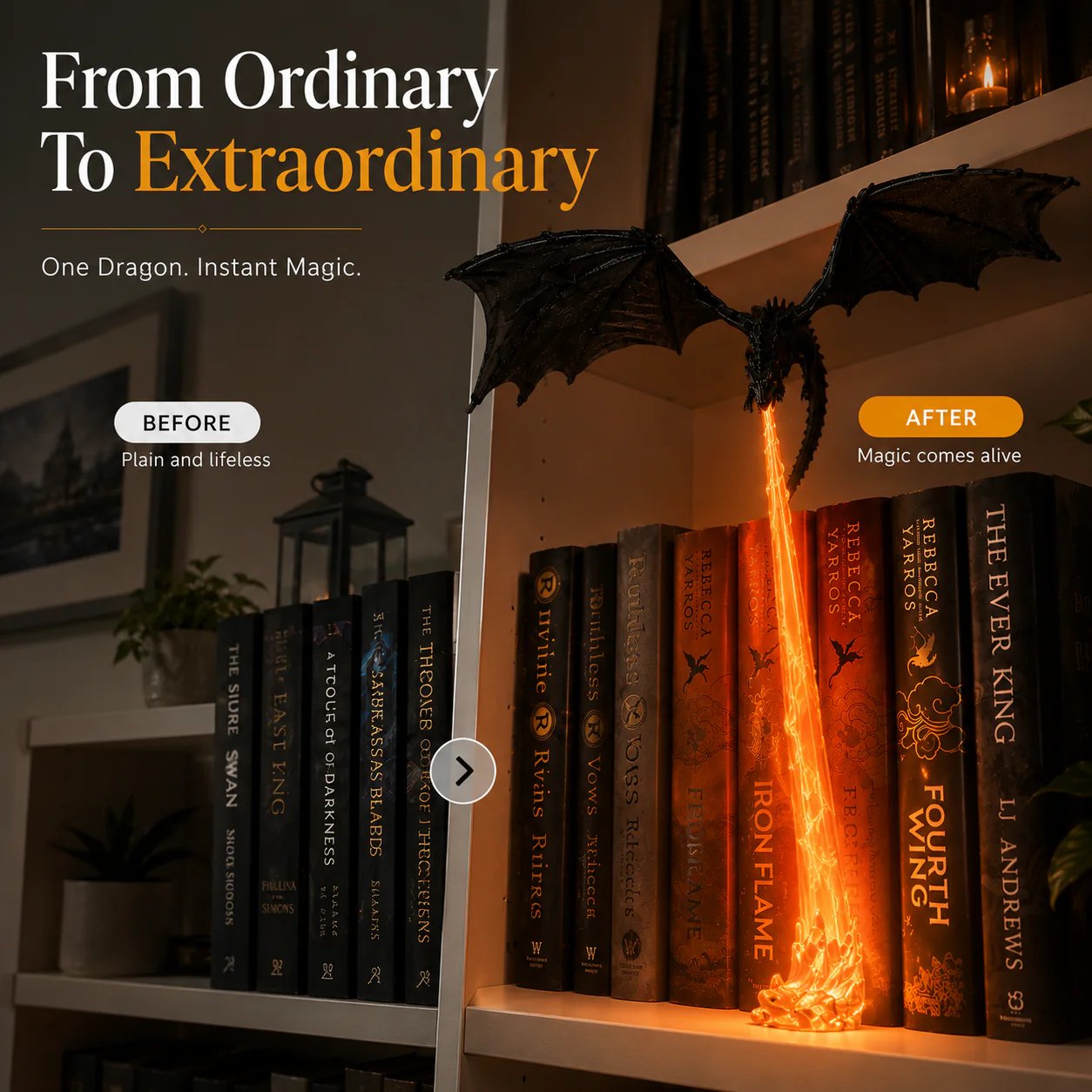 🐉 Fire-Breathing Dragon Bookshelf Decor Lamp + LED Flame Light Kit