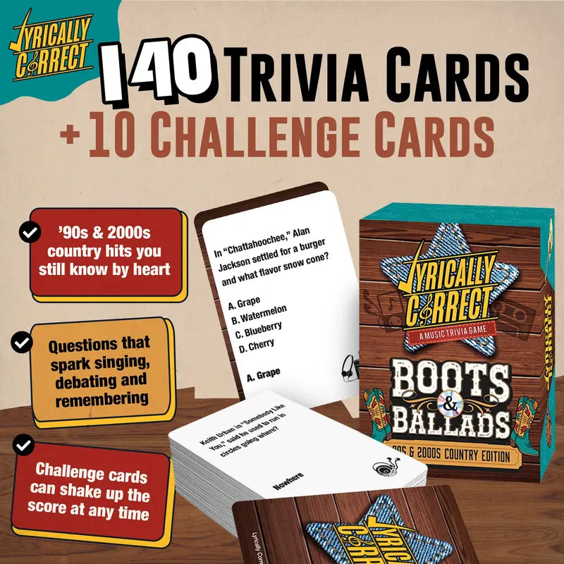 Lyrically Correct Boots & Ballads 90s and 2000s Country Music Trivia Card Game, 150 Cards