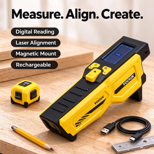 Black and yellow digital tape measure with display and USB cable