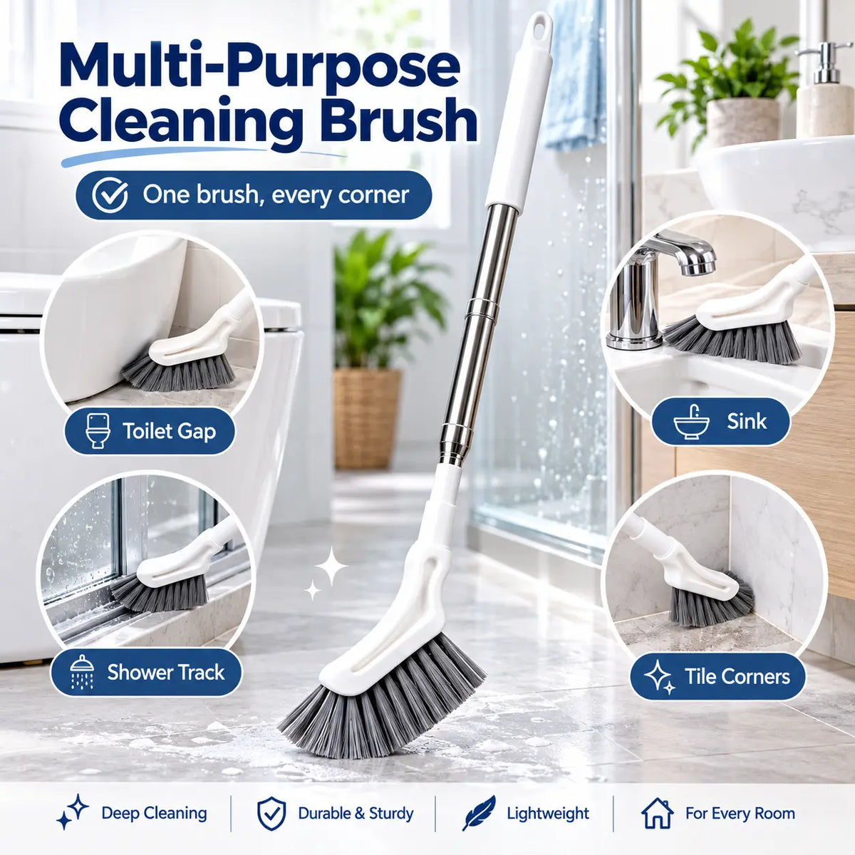 Crevice brush used around toilet sink shower track and tile corner
