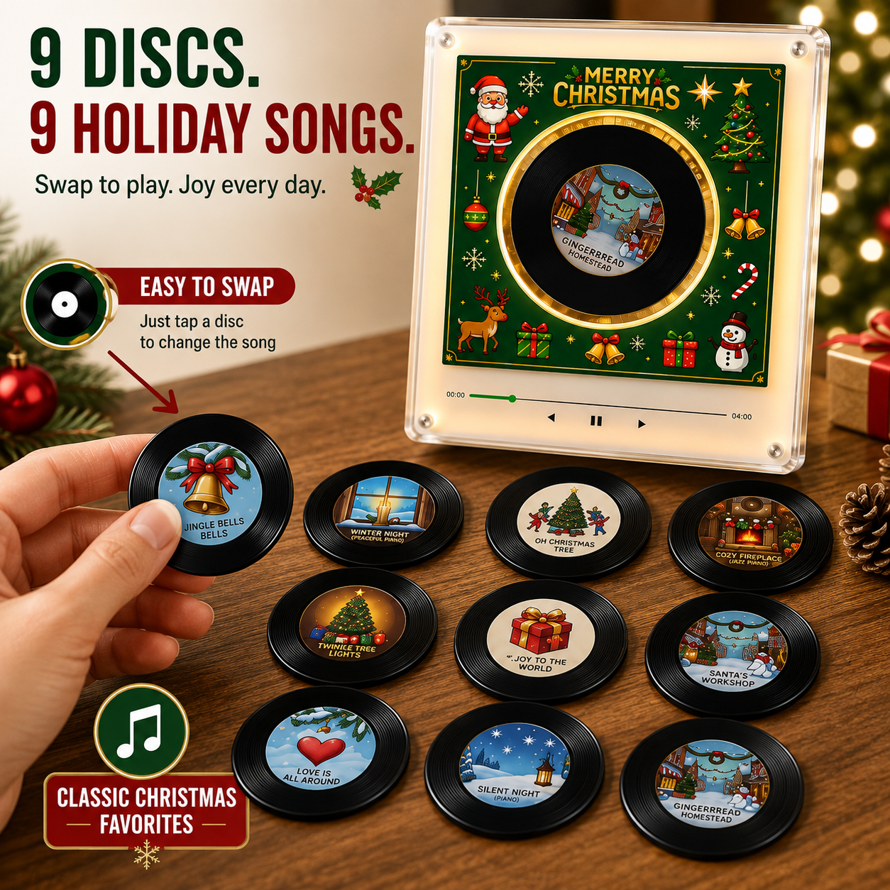 🎄🎵Christmas Fridge Magnet Music Player Set with 9 Vinyl Style Discs and USB C