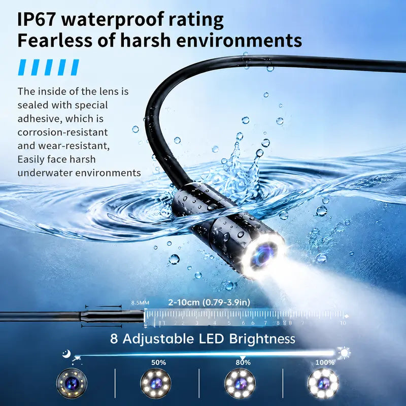 Endoscope probe with eight adjustable LED lights and IP67 waterproof rating