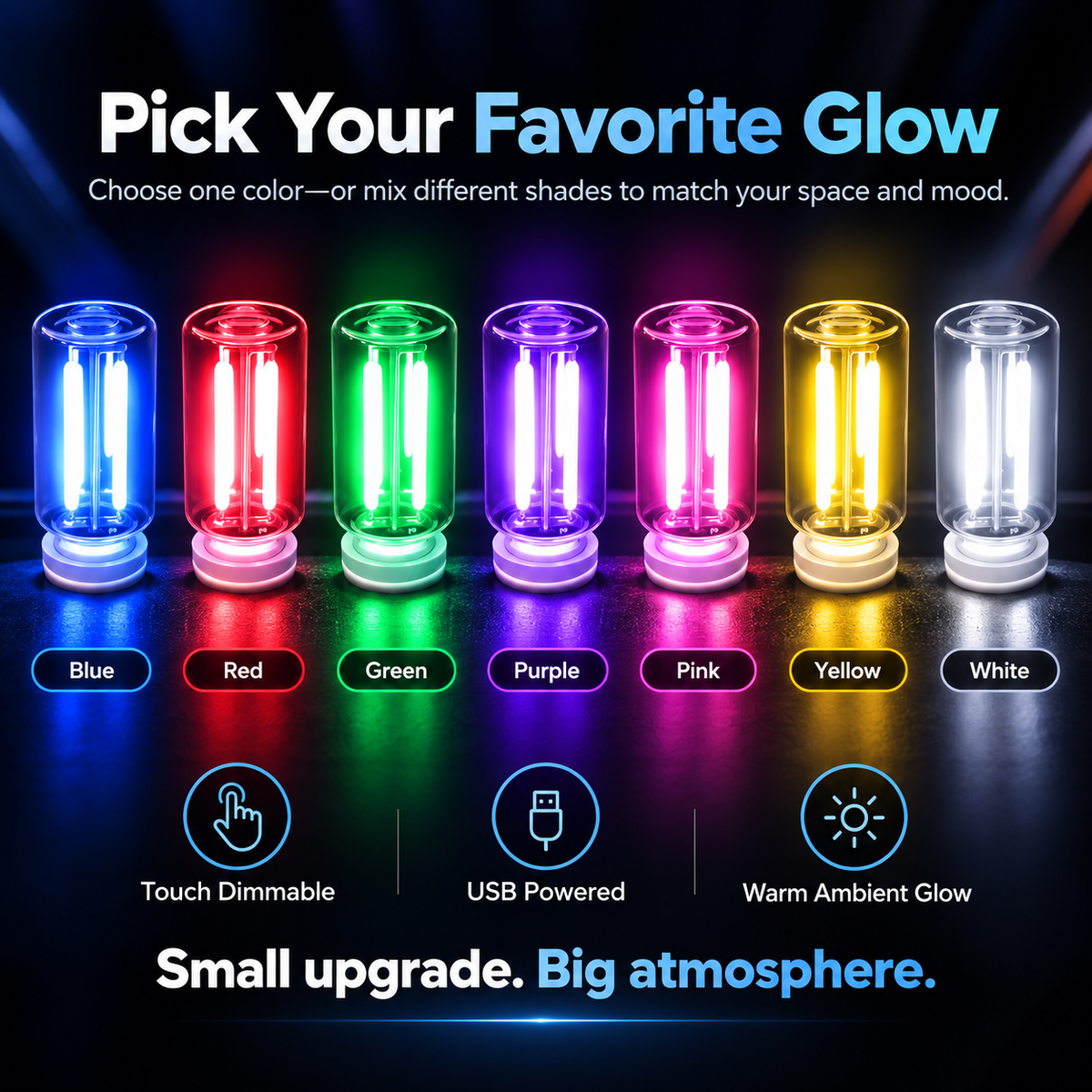 💡Touch-Dimmable Car USB Ambient Night Light – 7 Color Options