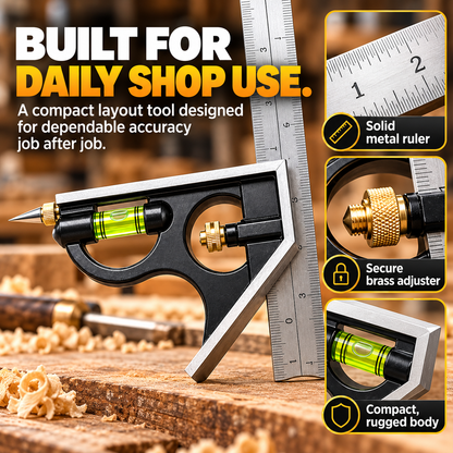 🔥 4-in-1 Multi-Function Woodworking Combination Square 📐🔧 Precision Measuring & Marking Tool 📏✨ with Built-In Bubble Level, 45°/90° Angle Ruler & Scribing Pin 🪚🛠️