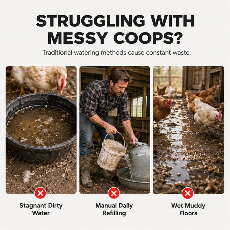 Common poultry watering problems including dirty open water and wet coop floors
