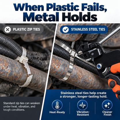 🔥 Heavy-Duty Stainless Steel Cable Tie Gun Kit 🔧💪 – Professional Metal Zip Tie Tensioning & Cutting Tool ✂️⚡ with 100 Self-Locking Stainless Steel Ties 🔩🚗 | Strong & Secure Fastening