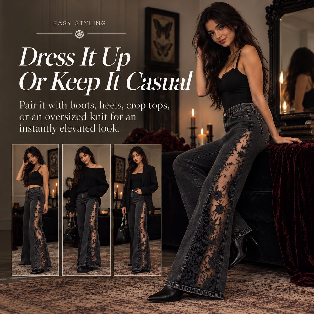 Three styling ideas for Gothic lace side panel jeans with crop top oversized knit and tailored jacket