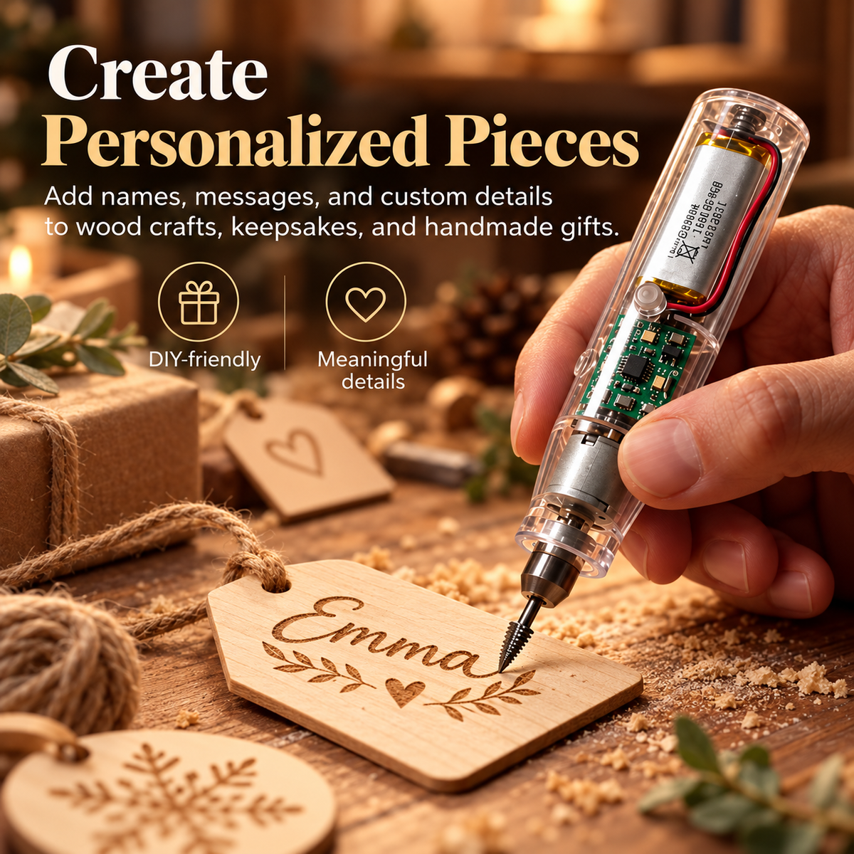 Personalized wooden gift tag being engraved with a name and decorative leaves