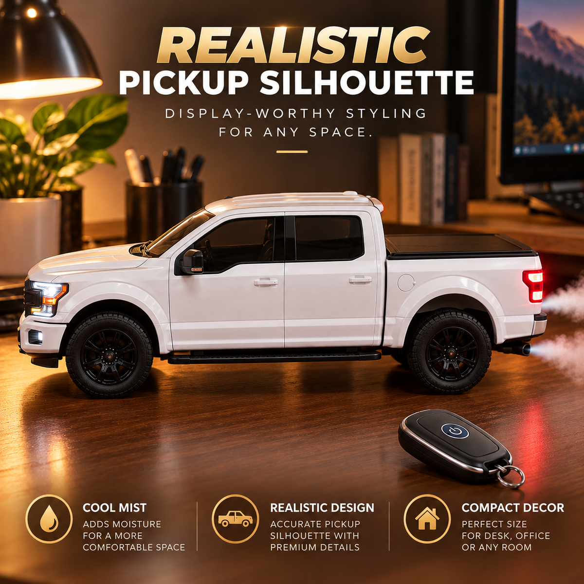 🛻💨 4x4 Pickup Truck Humidifier 🚘✨ Realistic Dual Exhaust Mist 🌫️💡 LED Light-Up Truck Model 🎮🎁 Cool Gift for Truck Lovers