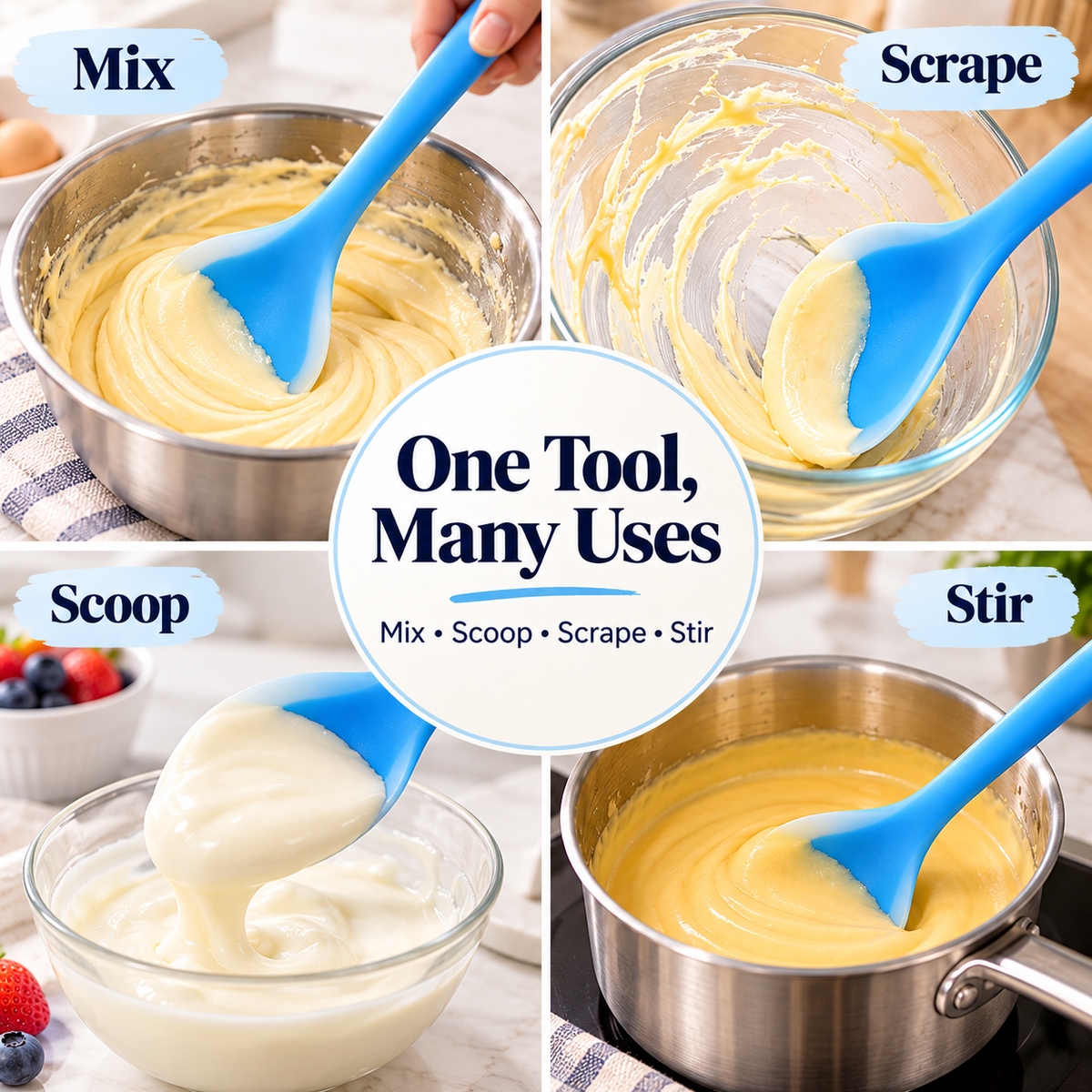 Four kitchen applications of the silicone spoon: mixing batter, scraping a glass bowl, scooping cream and stirring sauce