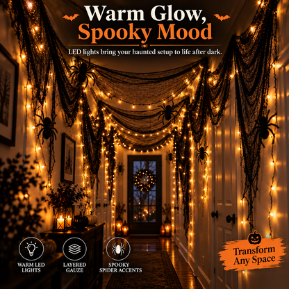 🕷️ Haunted Hallway Halloween Decor Set – Black Gauze, Warm LED Lights & Spooky Spider Decorations
