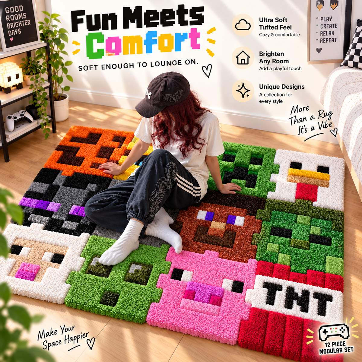🎮 12-Piece Interlocking Pixel Tufted Rug Set – Build Your Own Gamer Room Floor
