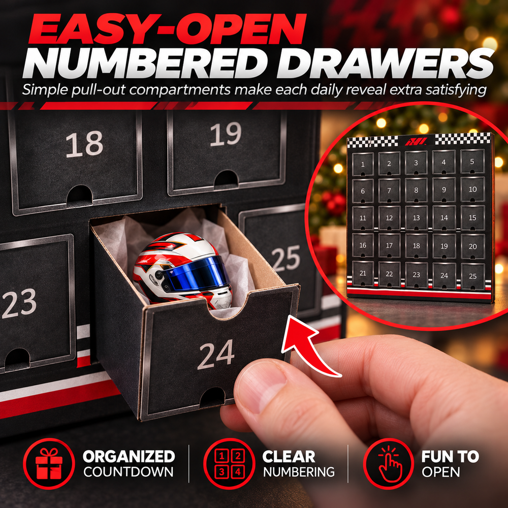 Close-up of numbered pull-out drawer number 24 revealing miniature racing helmet