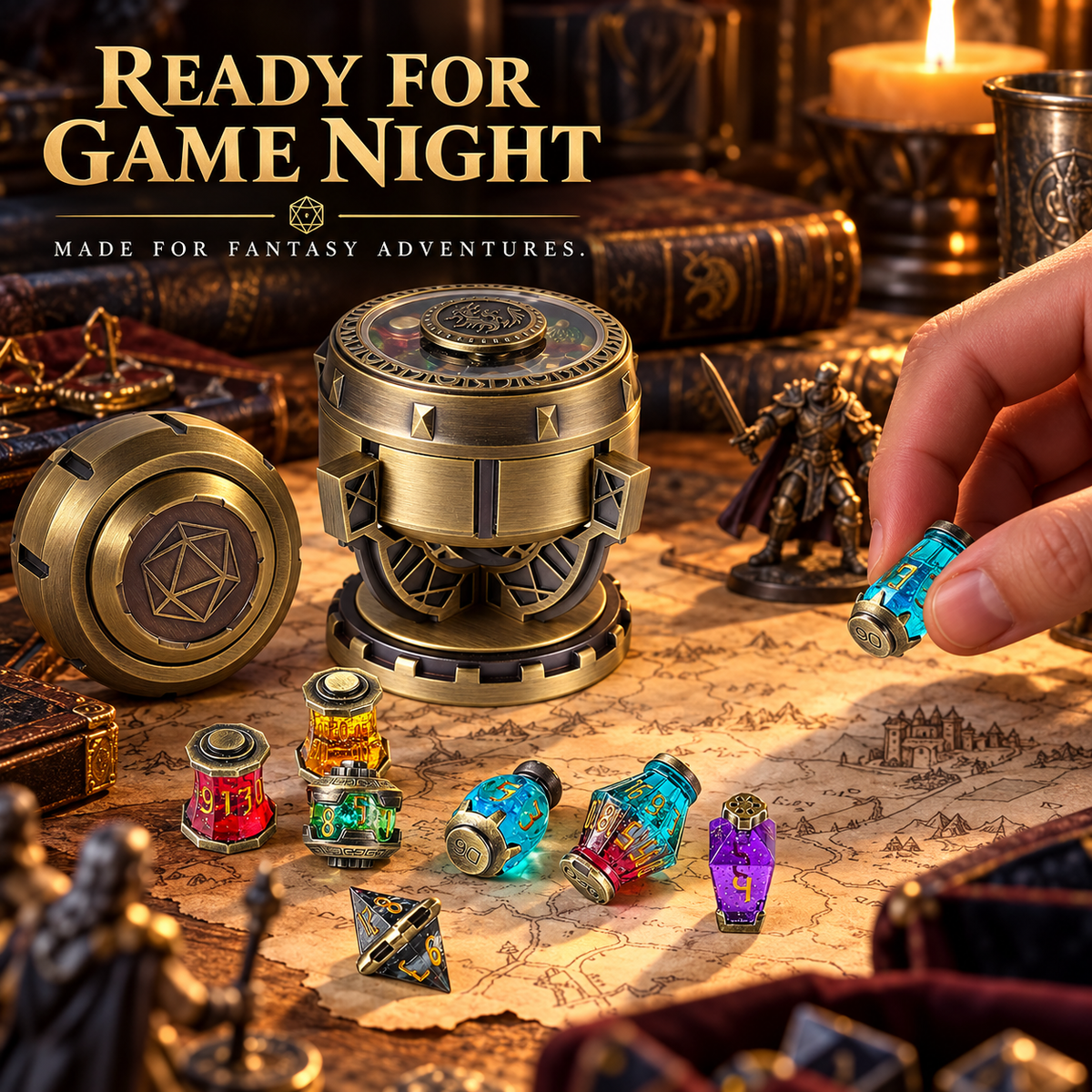 Metal elixir dice set being used during a fantasy tabletop game