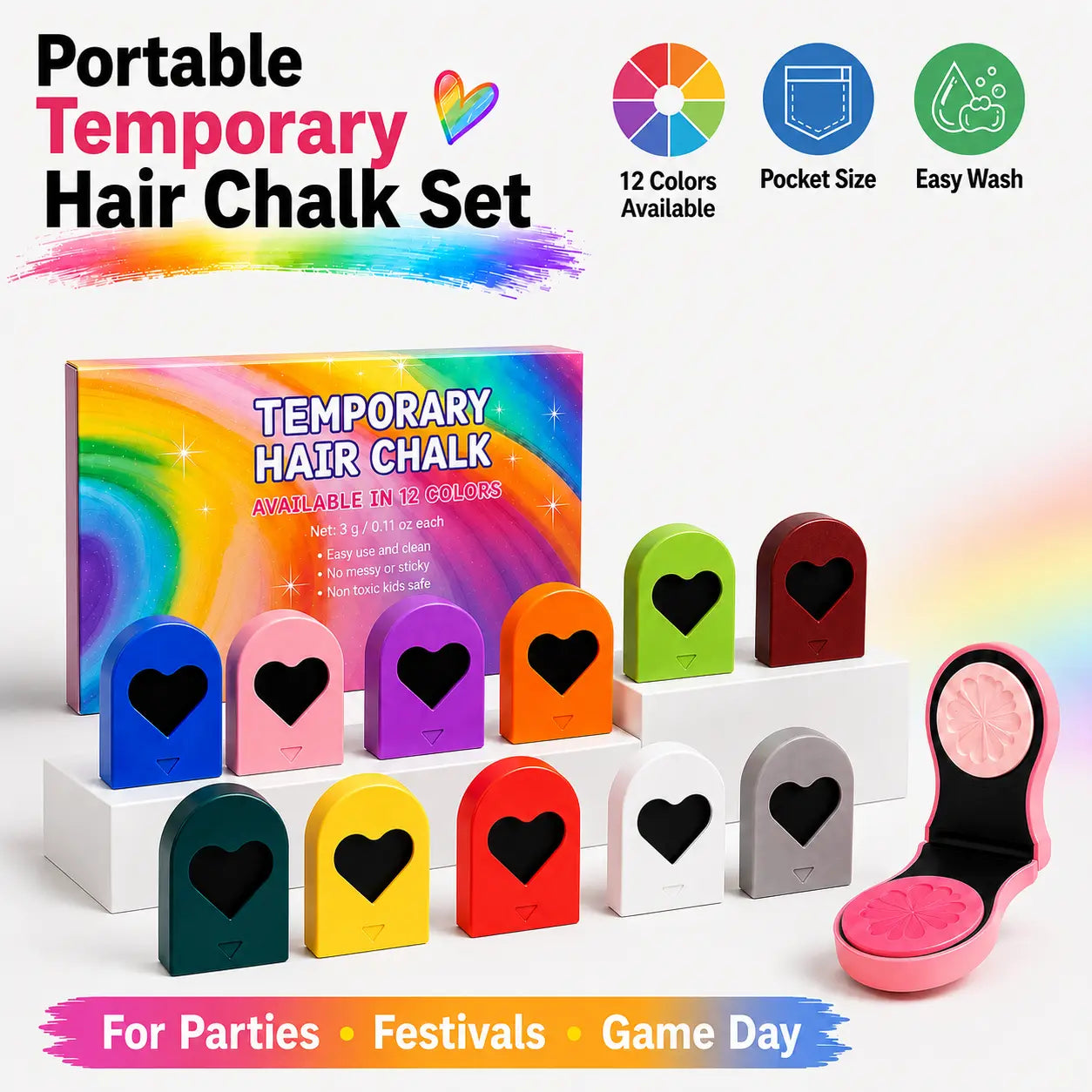 🌈Washable Temporary Hair Chalk Set - Portable, Non-toxic Hair Color Powder for Sports Events, Festivals, Cosplay campingessentials