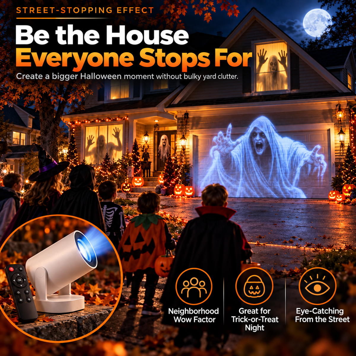 😨Halloween Haunted House Projection Lamp with Remote – Animated Window, Wall & Garage Scare Projector