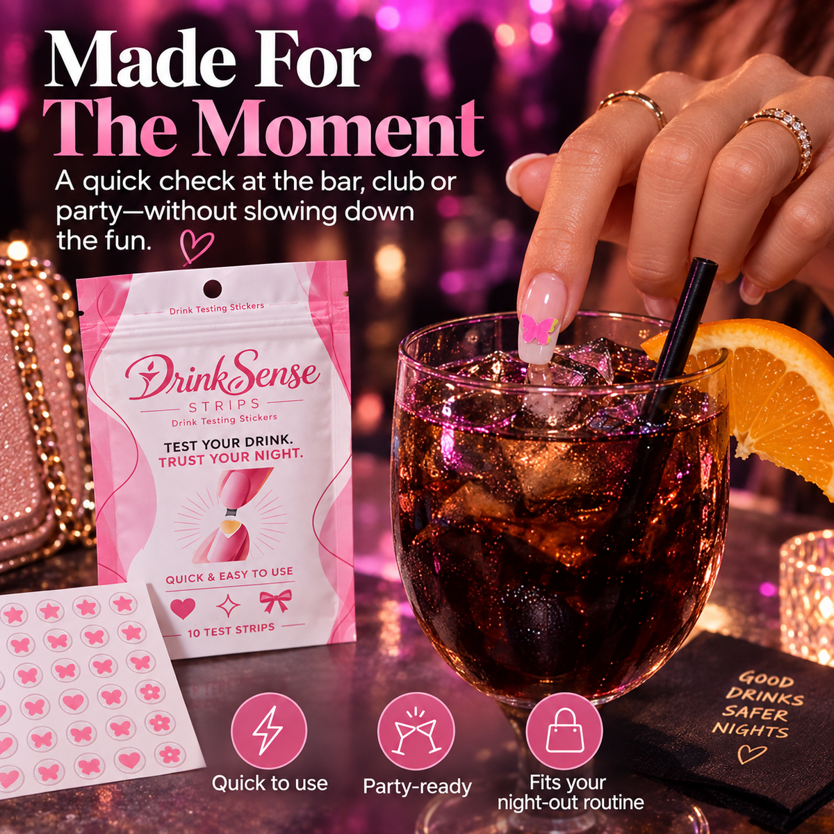 💗 Discreet Drink Test Nail Stickers – Heart-Shaped GHB Detection Stickers for Women's Night Out Safety ✨