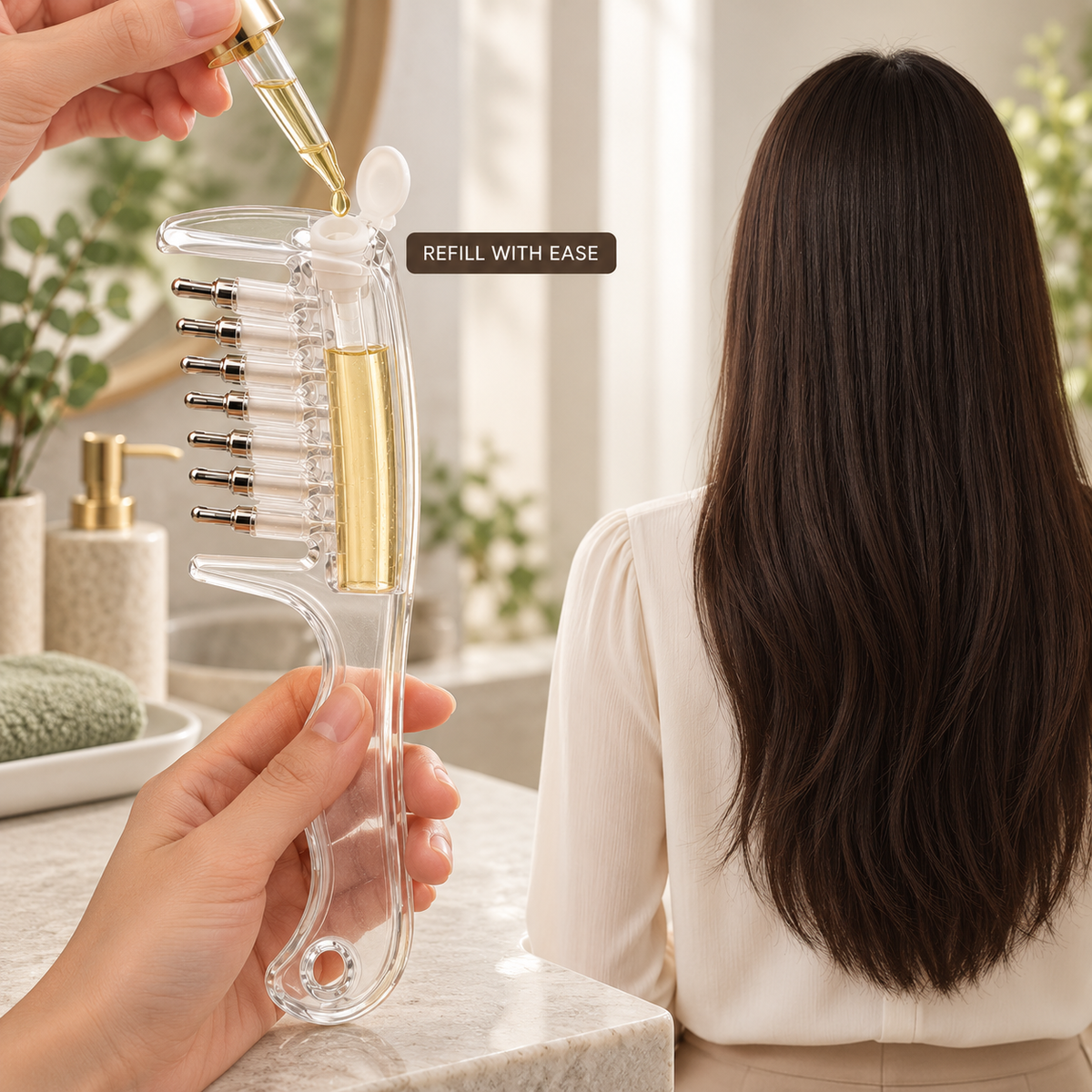 Scalp liquid applicator being refilled through the top opening