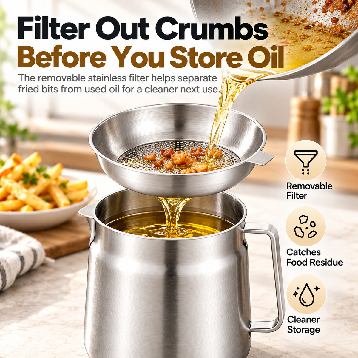 Cooking oil passing through a removable stainless steel strainer that catches fried food crumbs above a storage pot