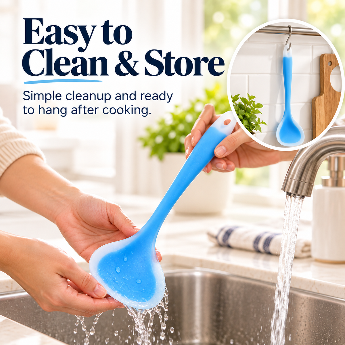 Silicone scraper spoon being rinsed in a kitchen sink with inset showing convenient hanging storage
