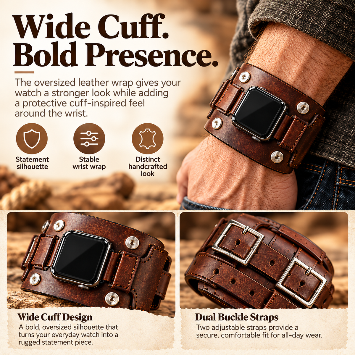 Wide leather-look smartwatch cuff creating bold rugged silhouette