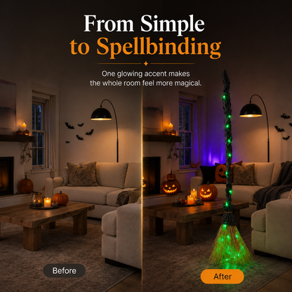 Light-Up Witch Broom Halloween Decor – Spooky Green LED Witch Broom
