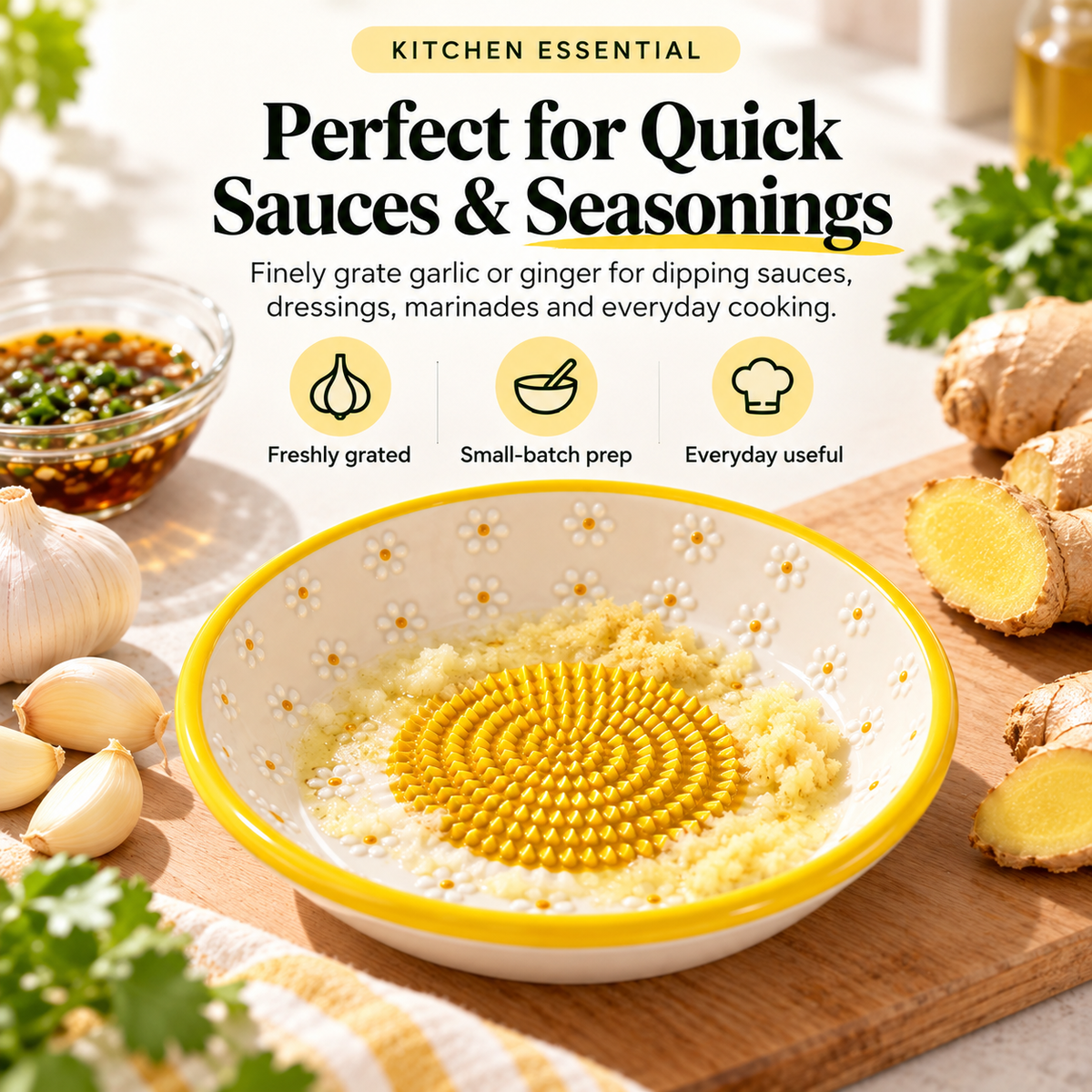 🍽️Ceramic Grater Plate – Daisy Garlic & Ginger Grater for Fresh Sauces, Dressings & More