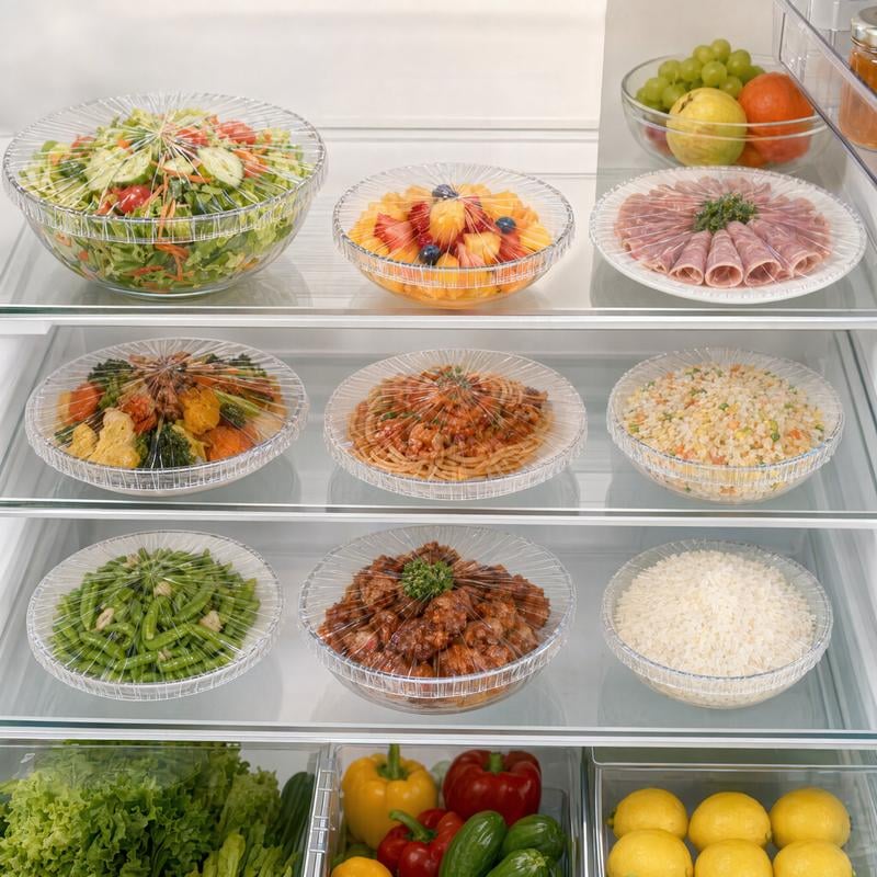 Multiple bowls of leftovers covered with elastic food covers in refrigerator