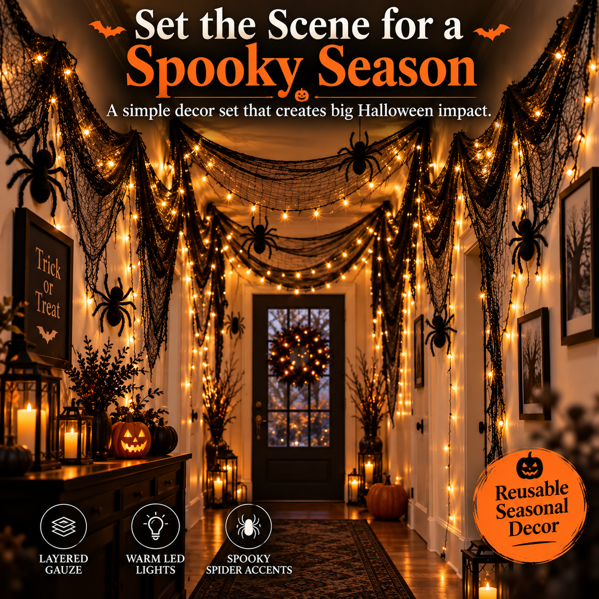 🕷️ Haunted Hallway Halloween Decor Set – Black Gauze, Warm LED Lights & Spooky Spider Decorations