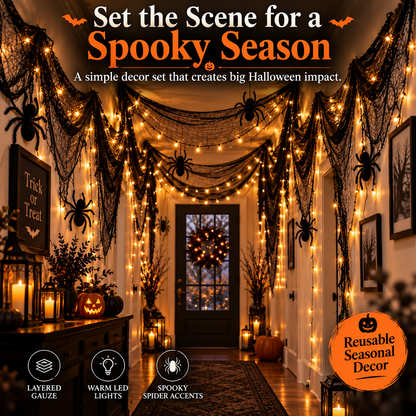 🕷️ Haunted Hallway Halloween Decor Set – Black Gauze, Warm LED Lights & Spooky Spider Decorations