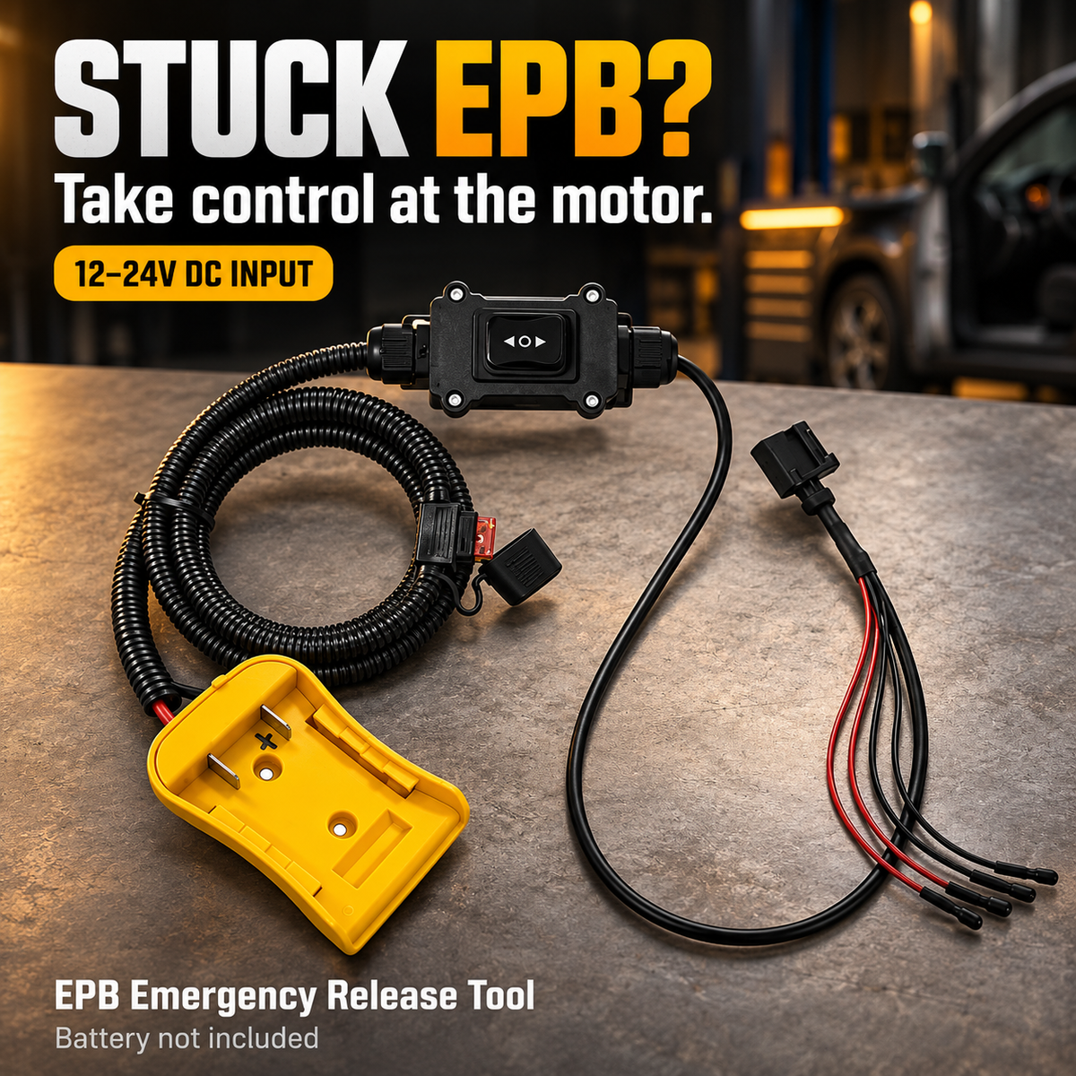 EPB emergency release tool with empty yellow battery interface